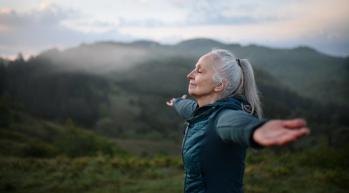 An elderly woman enjoys the outdoors, arms outstretched, embracing freedom and resilience, symbolizing her cancer care journey.